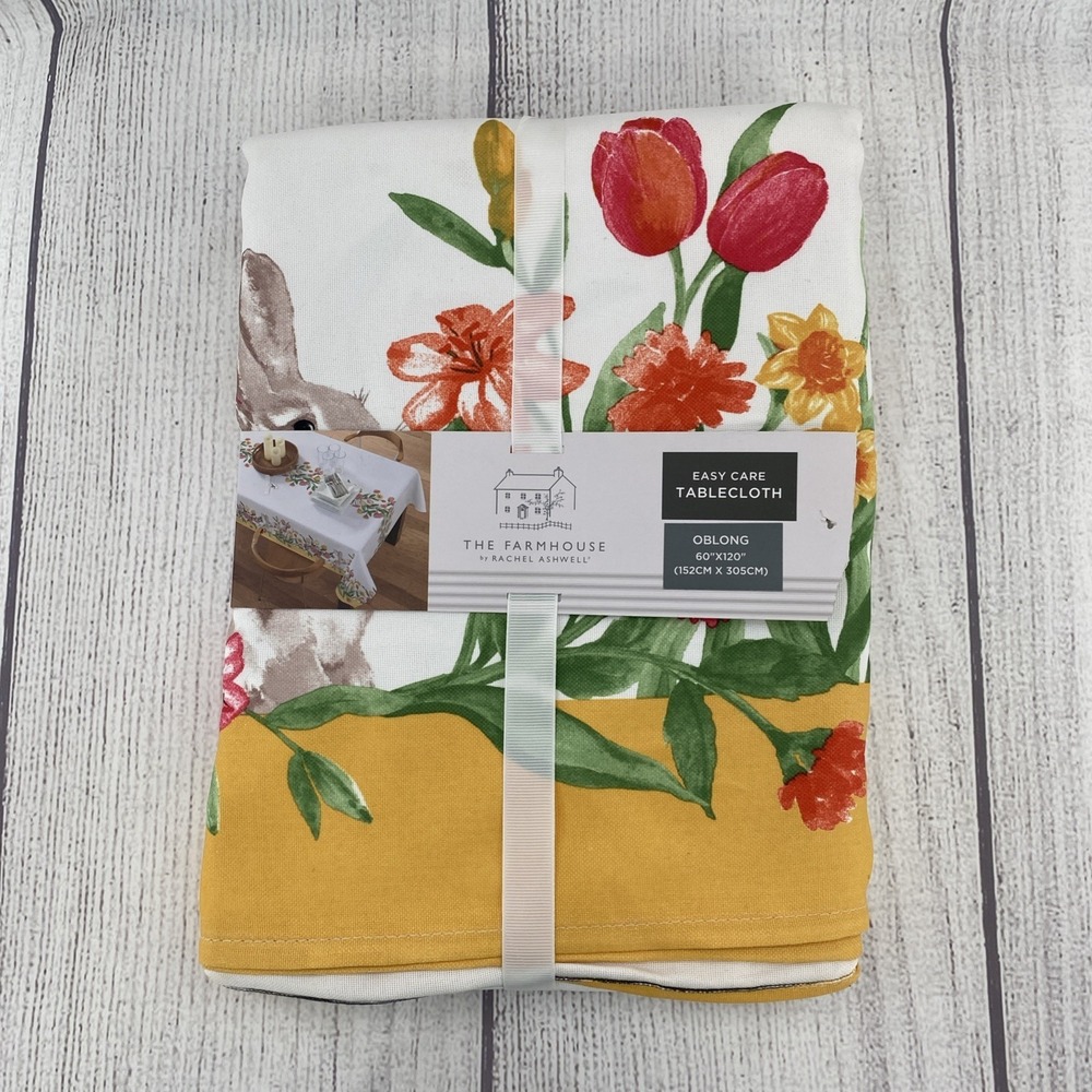 Rachel Ashwell Tablecloth 60x120 White Spring Easter Bunny Rabbit Floral Tulips
